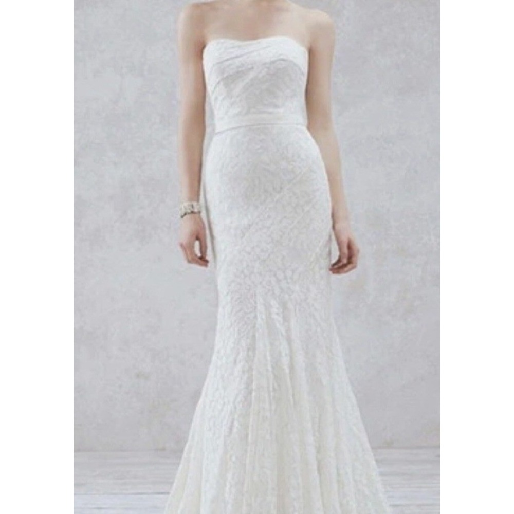 Galina Wedding Dress Womens 2 Soft White Excellent Lace Trumpet Strapless WG3381